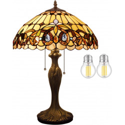 Tiffany S021 WERFACTORY - Lámpara de mesa de estilo victoriano de 24 pulgadas de alto y 2 luces de base antigua para sala de